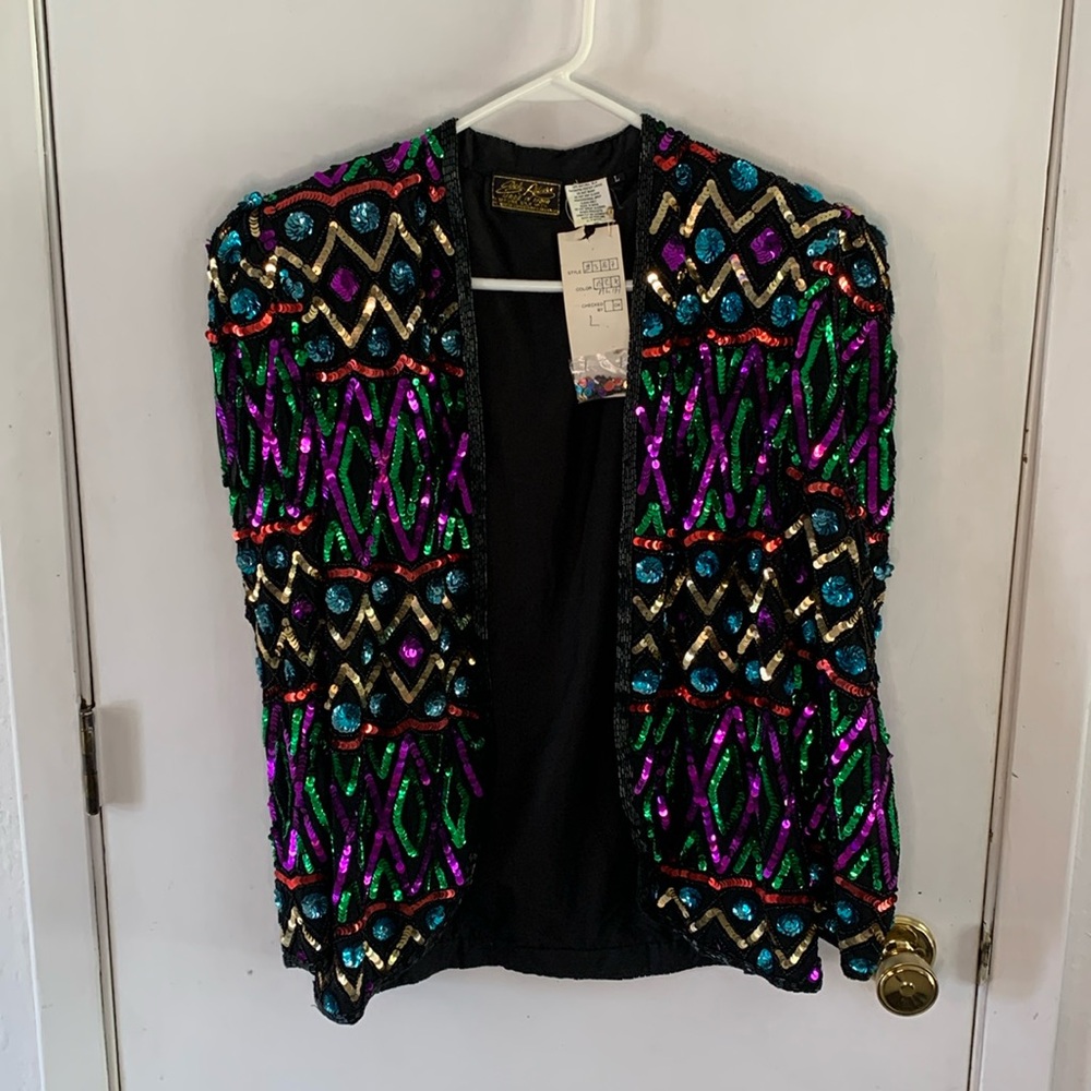 Eve's Allure vintage black silk jacket with jeweltone sequins & black beads